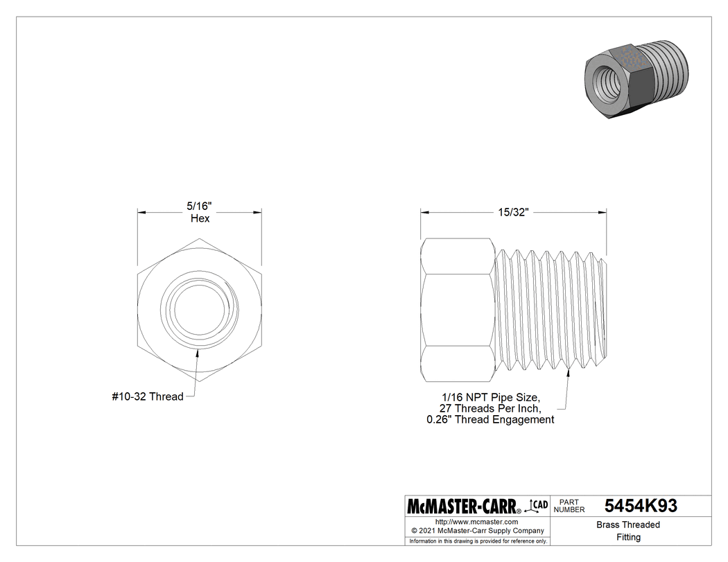 Technical Drawing of Brass Bushing Adapter, 1/16 NPT Male, 10-32 Female.